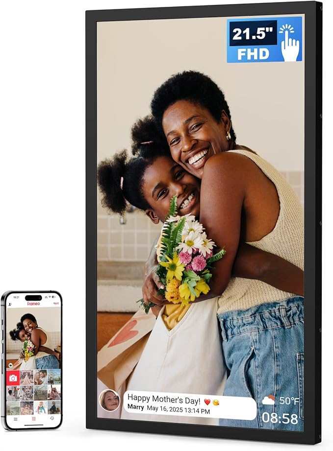 FRAMEO 21.5 Inch Touchscreen Large Digital Photo Frame, 1920x1080 WiFi Digital Picture Frame 64GB, Security Share Photo/Video via APPs, Email, USB/Mirco SD, Easy Set Up, Gifts for Mom