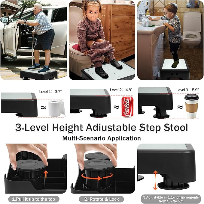 Adjustable Step Stool for Adults - Noctilucent Bed Step Stools, 600 LBS Capacity Non-Slip Safety Step Platform Indoor and Outdoor for Seniors and Adults, Wide Step Stools Elderly Assistance at Night