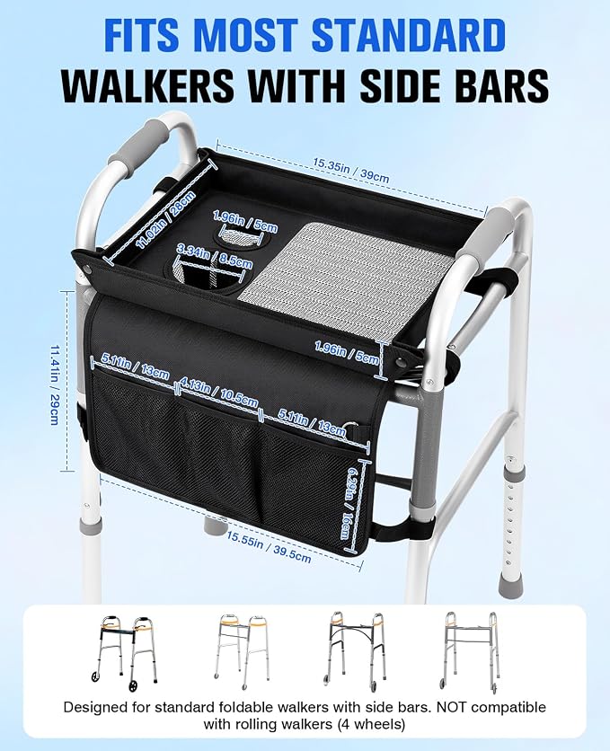 Rhino Valley Walker Tray for Folding Walker,Tray for Walker with Cup Holder | Sturdy & Non-Slip Tray for Walkers,Fits Standard Walkers,Removable&Easy Assembly, Mobility Accessory for Seniors Meals Drinks