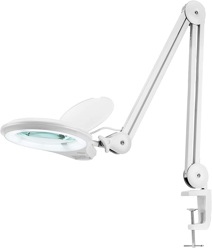 Neatfi (New Model Bifocals 1,200 Lumens Super LED Magnifying Lamp with Clamp, Dimmable, 5 Inches Diameter Lens, Adjustable Arm Utility Clamp (8 Diopter + 20 Diopter, White)