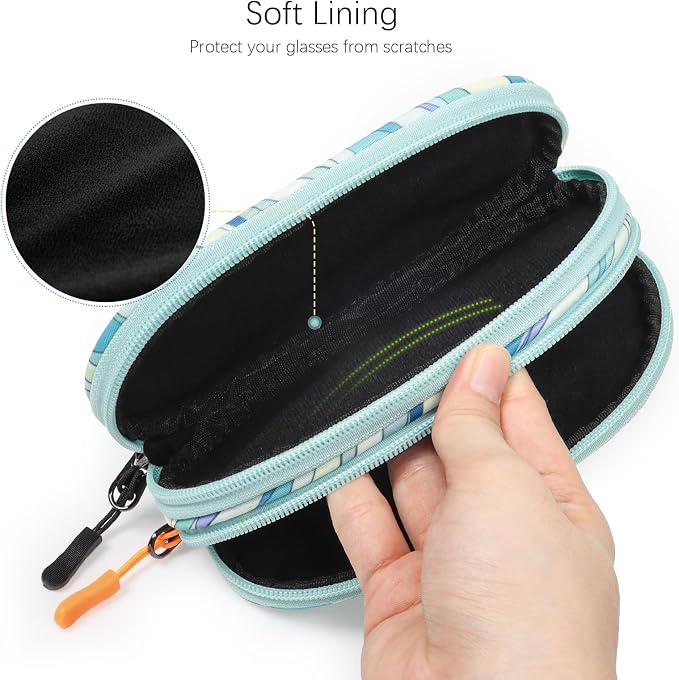 Double Eyeglasses Case Soft Portable Zipper Sunglasses Pouch with Keychain Clip for Men Women