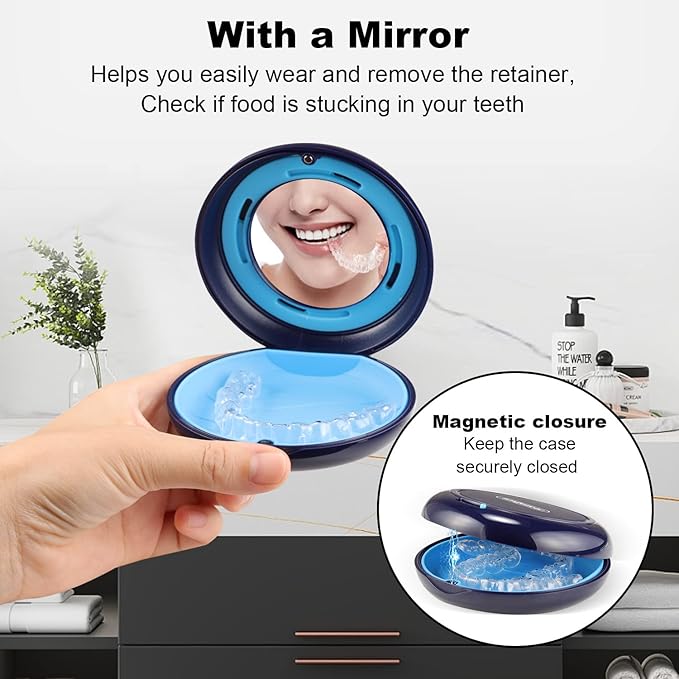 Retainer Case, Slim Aligner Case with Adjustable Vent Holes and Mirror, Compatible with Invisalign, Night Guard and Mouth Guard, Premium Retainer Case, With Aligner Remover Tool, Chew & Brush, Blue