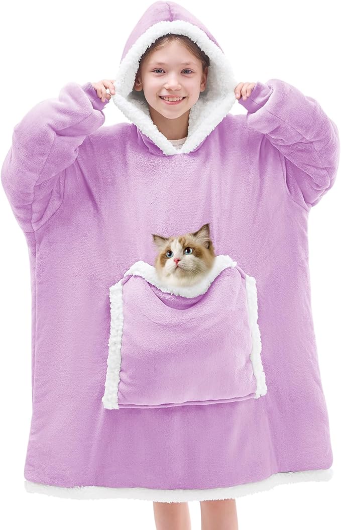 JOYWOO Purple Kids Wearable Blanket Hoodie,Oversized Cat lovers Hoodie Blanket for kids & Teens,Birthday Gifts for Girl Boys,Warm Cozy Fuzzy Sherpa Fleece Sweatshirt Blanket Giant Pocket Gifts,Purple