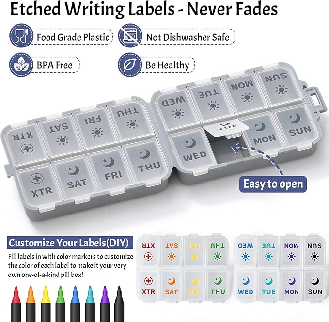 Foldable & Portable Pill Organizer 2 Times A Day with Extra Compartments - Etched Labels - Weekly 7 Day AM PM Medicine Box, Week Daily Travel Pill Case Holder Dispenser for Vitamin, Supplement - Grey