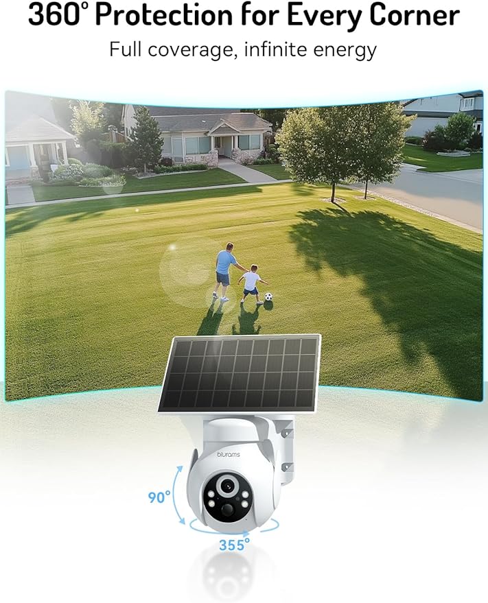 blurams Solar Outdoor Camera Wireless, 360° PTZ Security Cameras Wireless Outdoor with Human Auto Tracking, 2K IR/Color Night Vision, Battery Powered, 2.4GHz Only