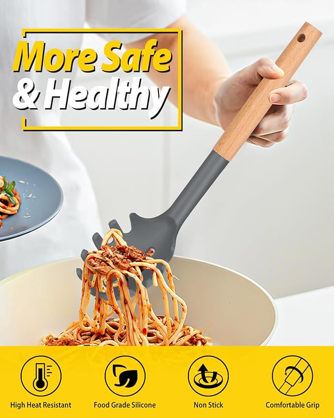 Silicone Pasta Fork and Ladle Spoon Set with Wooden Handle, Heat Resistant Non Stick Kitchen Utensils for Cooking, Stirring, Serving Spaghetti, Soup, Sauce(GRAY)