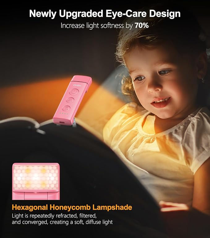Gritin Book Light Rechargeable, Clip on LED Reading Light for Books in Bed | Eye Caring 3-Color & 5-Brightness, Stepless Dimming, Long Lasting, Compact Size Flexible Book Lamp for Bookworms-Warm Pink