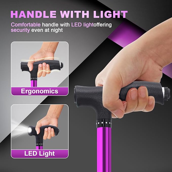 BigAlex Alloy Folding Cane with Seat, Lightweight Adjustable Walking Cane with Seat, Cane Seat with LED for Seniors, Cane Chair for Woman/Man,Anti-Slip Walking Stick for Seniors