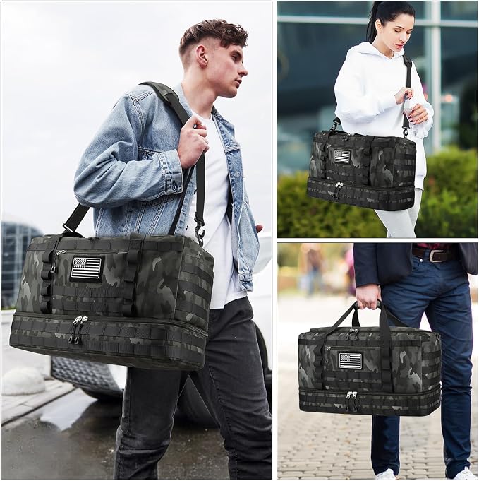 Gym Bag for Men Women, Carry on Luggage 22x14x9 Airline Approved Duffle Bag | Tactical Travel Bags with Toiletry Bag and Shoe Compartment, Weekender Overnight with Wet Pocket for Workout, Black Camo
