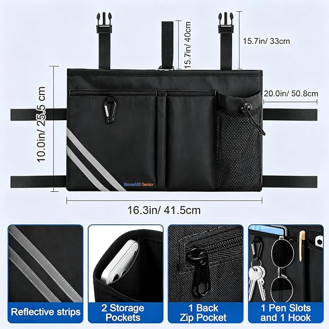 Walker Bag with Cup Holder, Multi Pockets Folding Walker Basket Tote Bag, Foldable Walker Basket with Big Capacity for Universal Walkers, Suitable for the Elderly (Black)