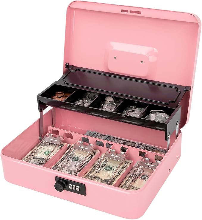 Jssmst Locking Metal Cash Box with Coin Lid, 11.8L x 9.5W x 3.5H Inches, Safe Money Box with Combination Lock, Pink, SM-CB0516P