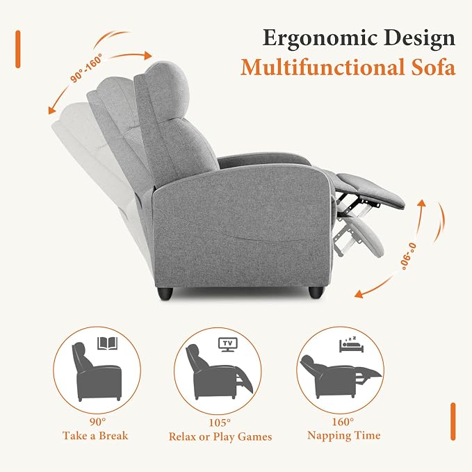 OLIXIS Recliner Chair for Adults, Home Theater Seating with Lumbar Support | Fabric Reclining Sofa for Adults, Sofa Chair Seat, Living Room, Recliners, Gray