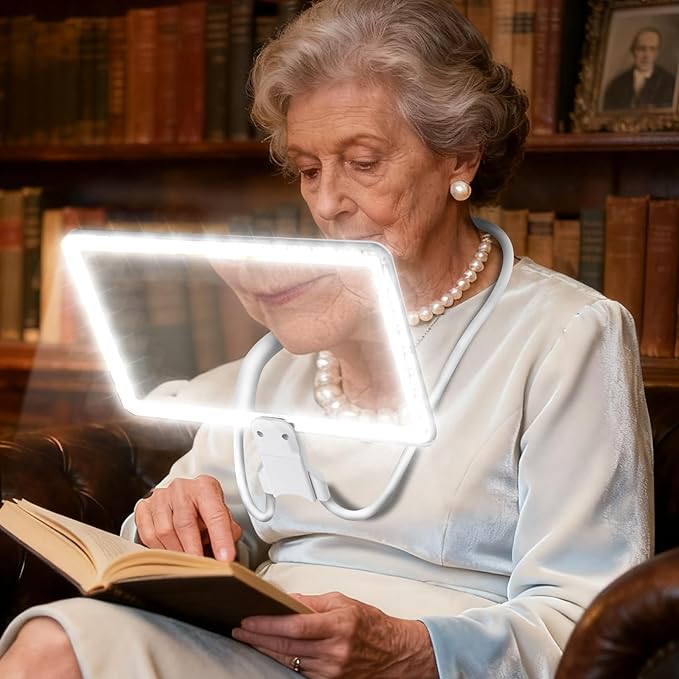 5X Neck Magnifying Glass with Light, Magnifier with Light Hands Free, Full Book Page Magnifier with 3 Light Modes, Flexible Gooseneck for Seniors Reading Low Vision (White)