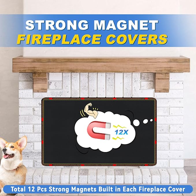 Magnetic Fireplace Cover, Fireplace Draft Stopper with 12 Pieces Strong Magnets, Fireplace Blanket for Heat Loss, Air Blocker for Winter and Summer, 36"x20", Black