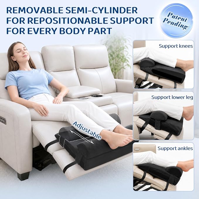 Recliner Foot Rest Cushion with Removable Semi-Cylinder | Customize Support For Every Body Part, Adjustable Recliner Leg Pillow for Recliner&Sofa, 2 Reinforced Strap for No Slip,Black