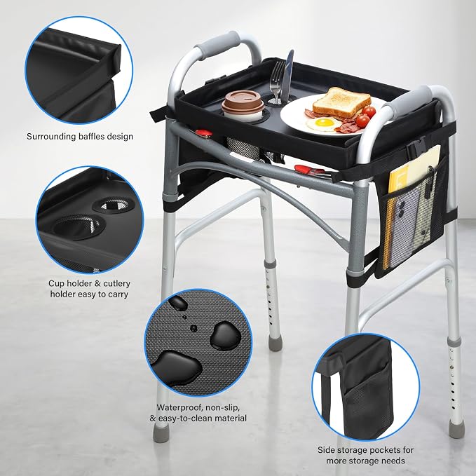 Detachable Walker Tray with Cup Holder & Side Pockets, Non-Slip Universal Table Accessory for Folding Rolling Walkers Seniors
