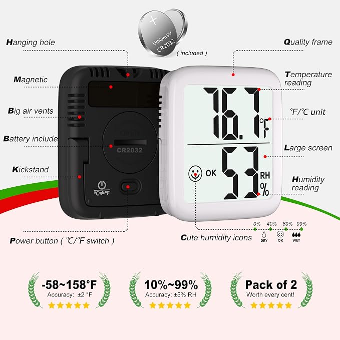 2 Pack Room Thermometer Indoor Hygrometer | Monitor Temperature & Humidity, Accurate, Fast Read, Easy To View, Magnetic/Kickstand/Hanging, ℉/℃, w/ Battery, Compact