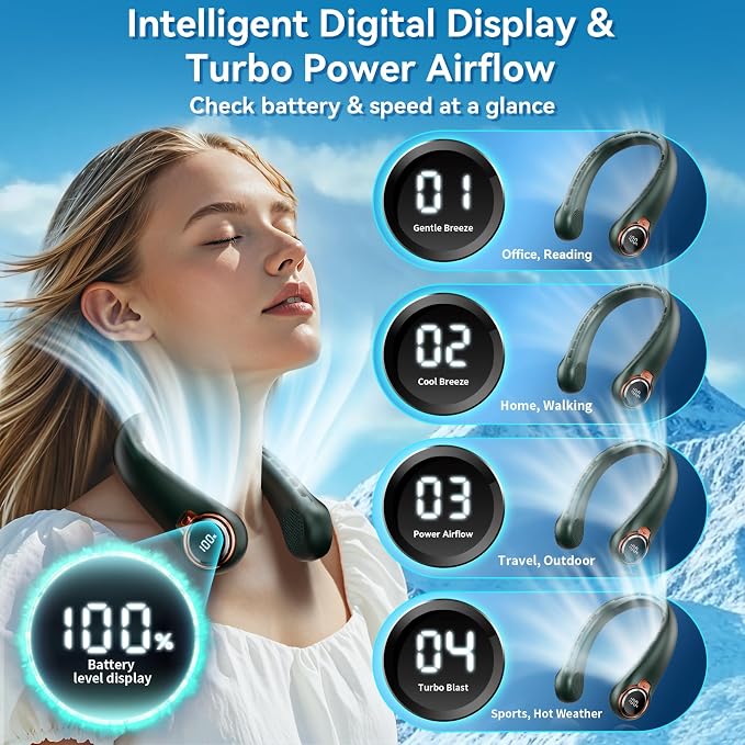 BNBZ Portable Neck Fan, 6000mAh Rechargeable Fan Blows Cold Air with LED Display, 4 Speeds, 20H Runtime, Quiet Wearable 360° Personal Cooling Fan for Outdoor Travel Work Gym-Sea Green
