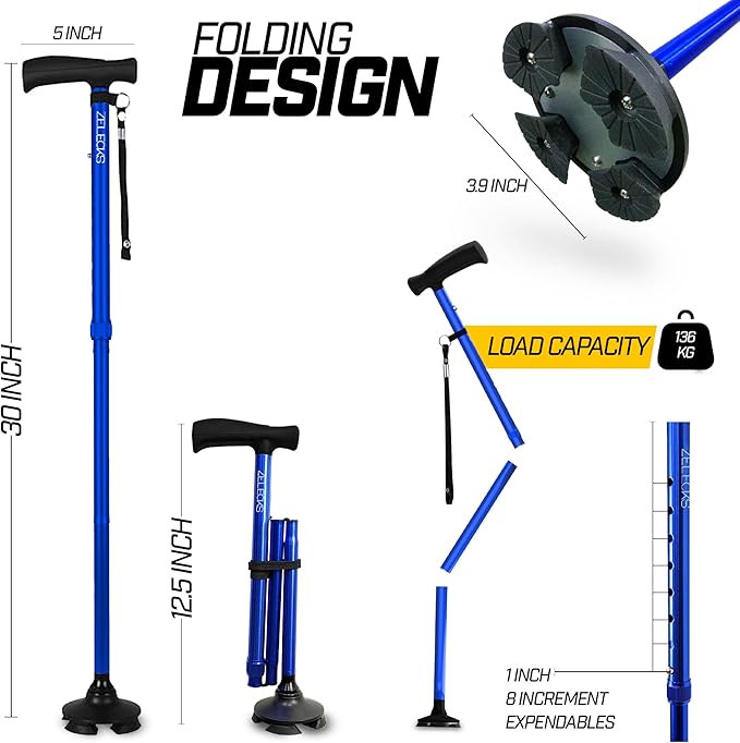 ZELECKS Walking Cane for Women & Men - Self Standing Adjustable Folding Cane with T Handle and 360 Pivot Base - Lightweight Foldable Walking Stick for Seniors - Collapsible Cane for Walking