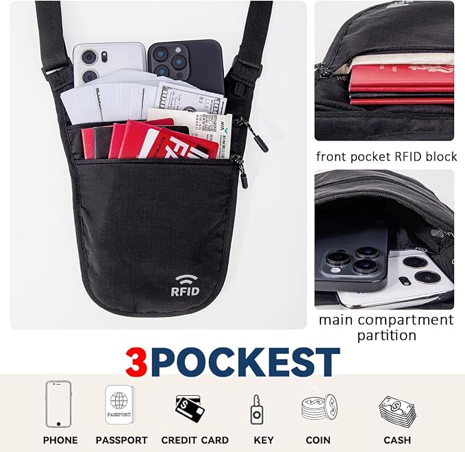 Money Belt for Travel, RFID Blocking Hidden Neck Wallet & Passport Holder | Unisex dual-strap + RFID, slim breathable, 3-compartment holds 4 passports+2 phones, durable YKK, water-resistant.
