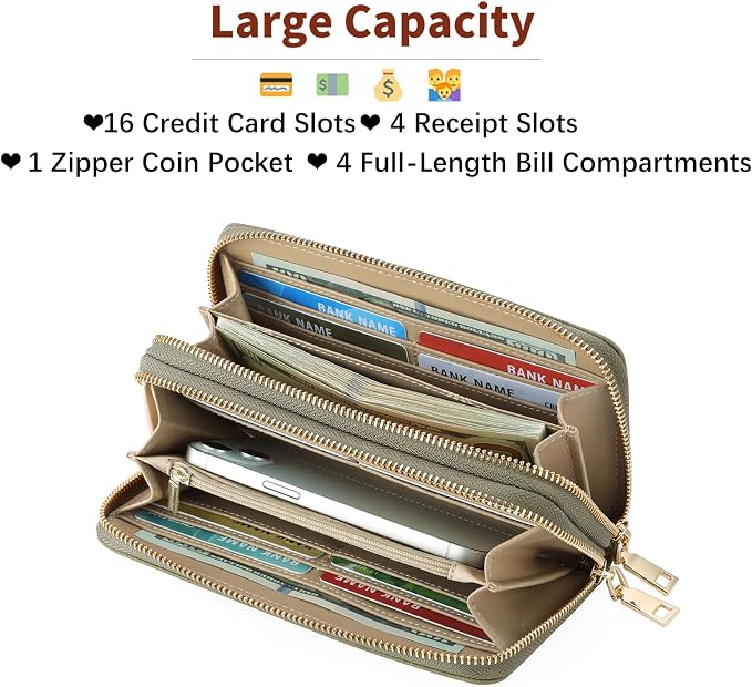 GOIACII Women's Wallet Large Capacity Double Zip Ladies Card Phone Holder RFID Blocking Wristlet Leather