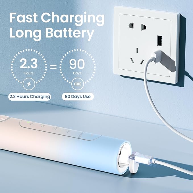 YUNCHI Electric Toothbrush Birthday/Valentine Plastic 8 Dupont Heads 24-Mo Deep Cleans Gentle Gums Removes Stains 3Hr USB-C 90d 2-Min Timer/30s IPX7 - Yellow Blue