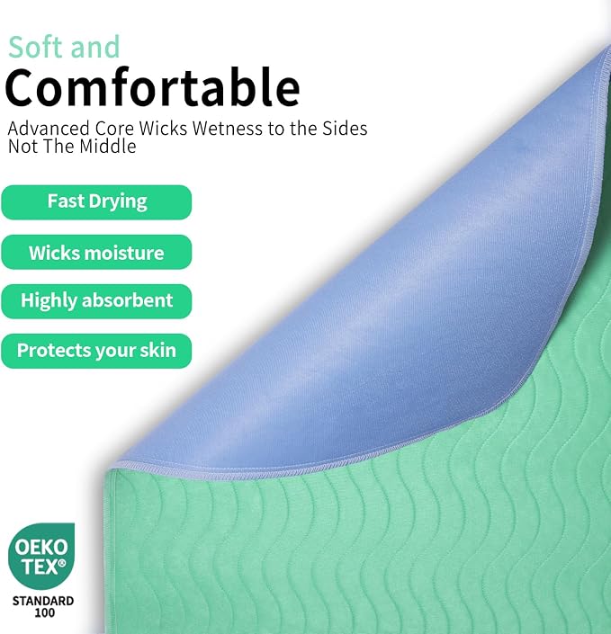 Accompagner Incontinence Bed Pads Washable Waterproof, Ultra-Absorbent Reusable Underpads for Diaper Changing, Nursing, Bedridden, Adults, Seniors, Kids and Dogs (Green, 36"x36"(Pack of 6))