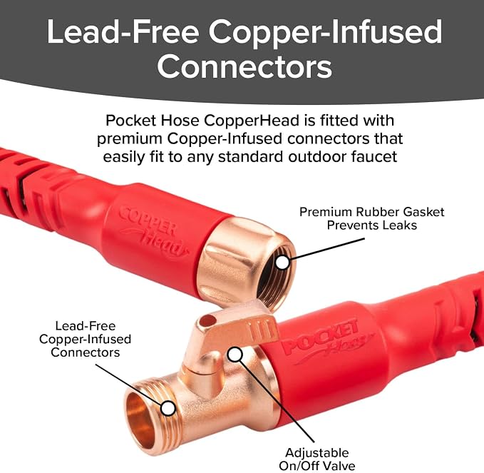 Pocket Hose 25 FT Copper Head Expandable Garden Hose with Pocket Pivot, No Tangles, AS SEEN ON TV, 360° Swivel, Tri-Tex Tubing, Force Field Jacket, Lead-Free, No-Kink, Anti-Burst w/APT | Anti-burst sleeve reinforced with bulletproof fiber, 360° swiveli...