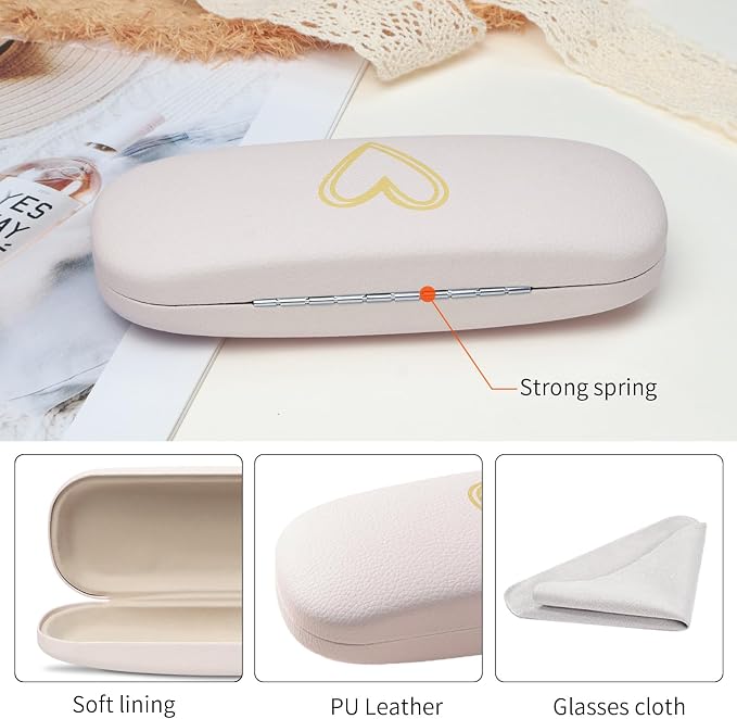 Glasses Case Hard Shell, Leather Protective Case for Sunglasses with Cleaning Cloth, Cute Eyeglass Cases for Women