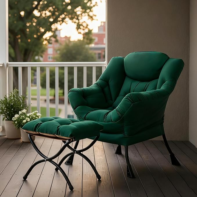 Tiita Lazy Chair with Ottoman, Modern Large Accent Lounge Armchair, Comfy Leisure Sofa Reading Chair with Footrest for Bedroom, Living Room, Dorm Rooms, Garden and Courtyard, Green