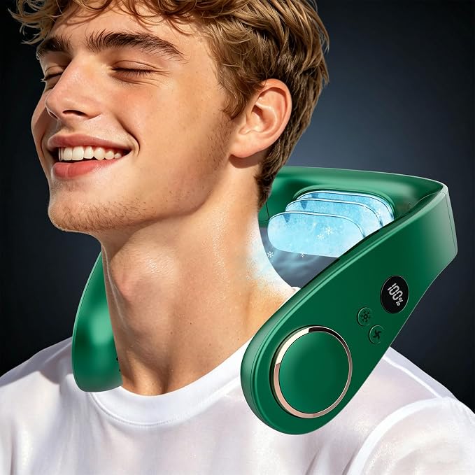 Neck Fan with Cooling Plate-24H Quiet Powerful Fans that Blow Cold Air-5 Speed&Power LED Display-USB 5500mAh Bladeless Wearable Personal AC Cooler for Women,Men,Kids,Travel,Outside,Indoor Green