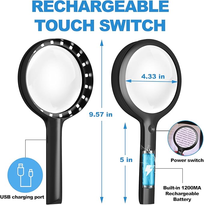 30X Charge Magnifier with Light, NUEYiO 4.33Inch Large Handheld Magnifying Glass with Light, 20 Daylight LEDs & Third Gear Dimming Lighted Magnifying Glass for Seniors Reading Inspection Coin Jewelry