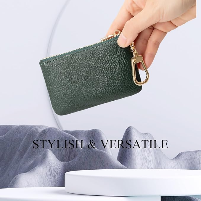 Full Grain Leather Coin Purse with Key Chain - Small Change Purse Keychain Card Holder Keychain Pouch Small Keychain Wallet for Women and Men (Forest Green)