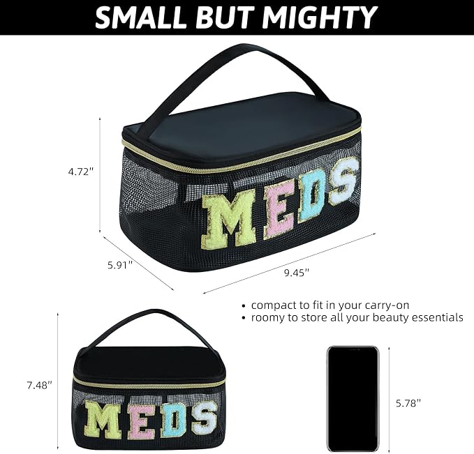 Medicine Bag, Portable Meds Bag with Chenille Letters, Breathable Mesh Makeup Bag Organizer for Travel, Pill Storage & Cosmetic Collection