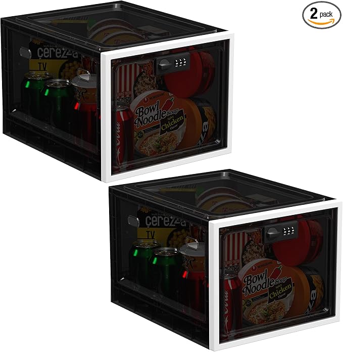 2 Pack Large Medication Lock Box with Code, Clear Lockable Storage Box for Refrigerator, Cabinet & Dorm, Stackable Medicine Box for Prescriptions, Snacks, Phone, 11.9" x 9.3" x 7.6", Black