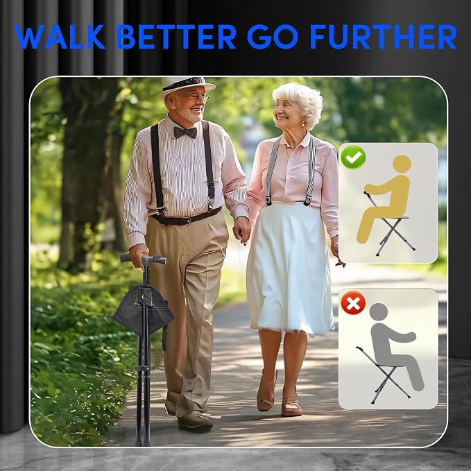 Cane with Seat Foldable Lightweight Walking Cane with LED Light Adjustable Walking Stick for Seniors