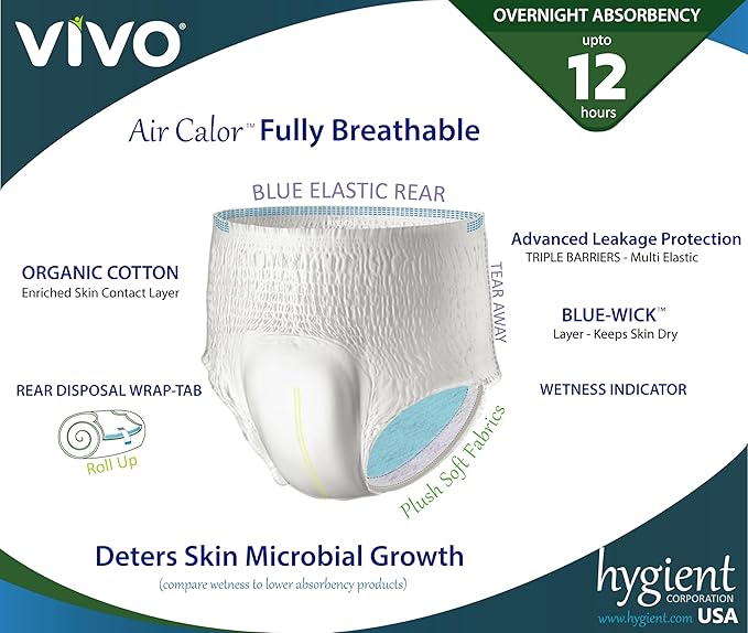 VIVO Organic Cotton Sensitive Skin Overnight Adult Incontinence Pullup Underwear, Women & Men, Large 22 Count