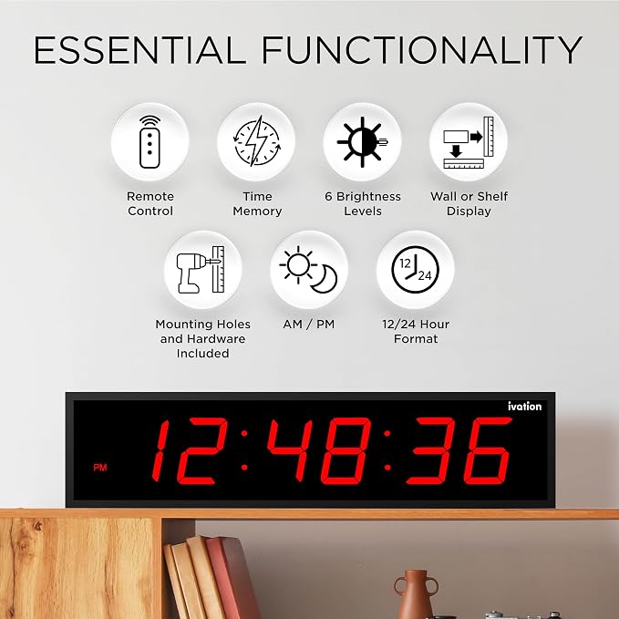 Ivation Oversized Large Digital Wall Clock - Big LED Digital Clock w/Large Display & Durable Aluminum Frame, Shelf or Wall Mount (24 Inch - RED) 6 Brightness Levels | Time Memory | Remote