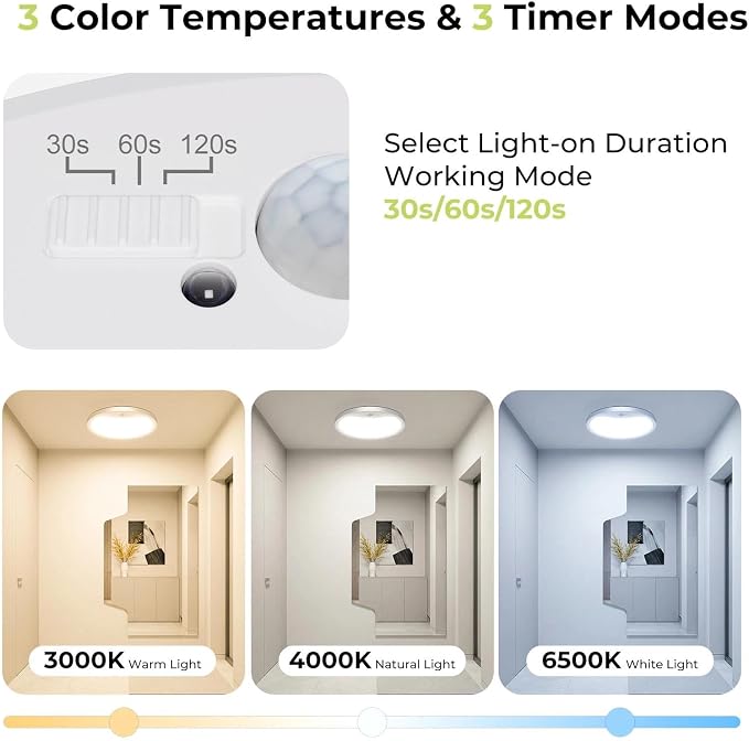 hepside Motion Sensor Ceiling Light Wired, 3000K/4000K/6500K LED Flush Mount Ceiling Light Fixture, 12Inch 24W Motion Sensor Light with Timer for Closet Stair Porch Hallway Pantry,White