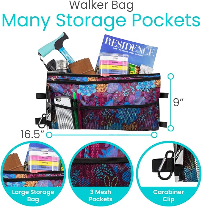 Vive Walker Bag - Accessories Wheelchair Basket Pouch (Water Resistant) - Seniors Caddy Accessory Attachment for Folding, Rolling Walkers - Carry Storage Carrier Tote - Lightweight, Universal Size