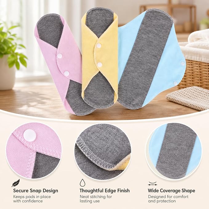 Reusable Incontinence Pads, 9-Pack Washable Cotton Bladder Leakage Protection, Heavy Flow Postpartum Recovery, Overnight Security for Active Women and Elderly Care, Polyester and Cotton Blend Fabric