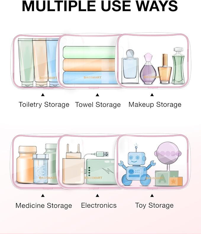 BAGSMART Clear Toiletry Bag 2-Pack TSA Approved Water-Repellent, Pink | Carry on Travel Accessories Bag, Airport Airline Quart Size Bags for Women Men, Makeup Cosmetic Bag