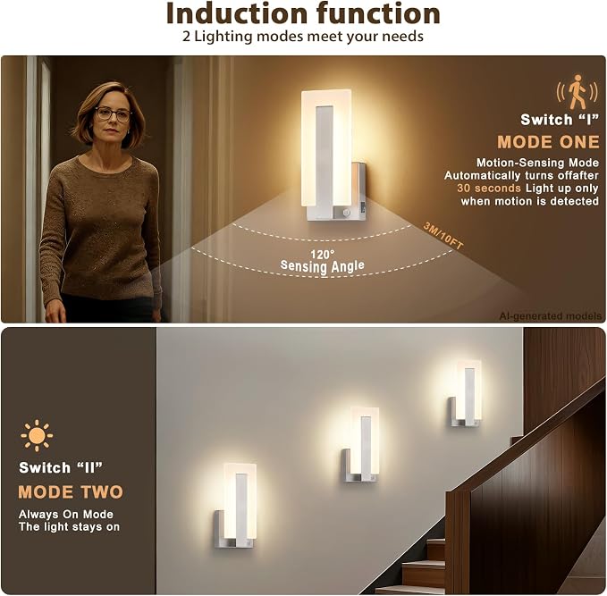 Joosenhouse Modern Wall Sconces Set of 2, 9.76 Inch Nickel Motion Sensor LED Wall Lights, Hardwired Indoor Wall Mount Light for Hallway, Bedroom, Living Room