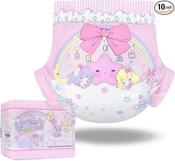 LittleForBig Ultra Absorbent 7000 mL Adjustable Hook-and-Loop Fastener Closure Adult Printed Cloth Back Diaper 10 Pieces - Fairy Littles in Dreamland (Large 36"-48")