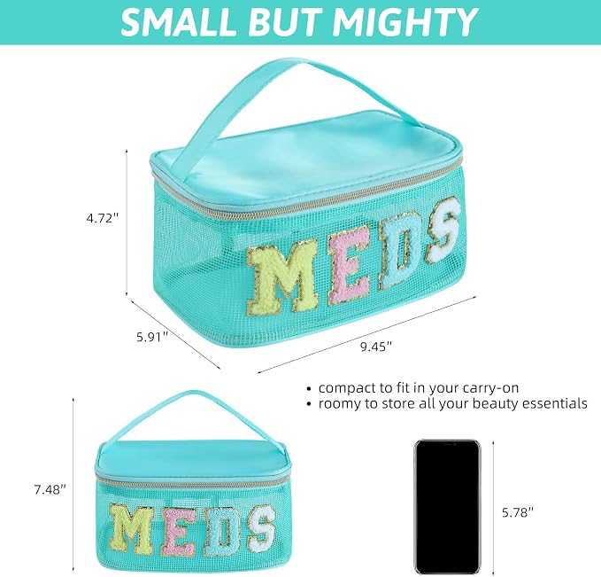 Medicine Bag, Portable Meds Bag with Chenille Letters, Breathable Mesh Makeup Bag Organizer for Travel, Pill Storage & Cosmetic Collection