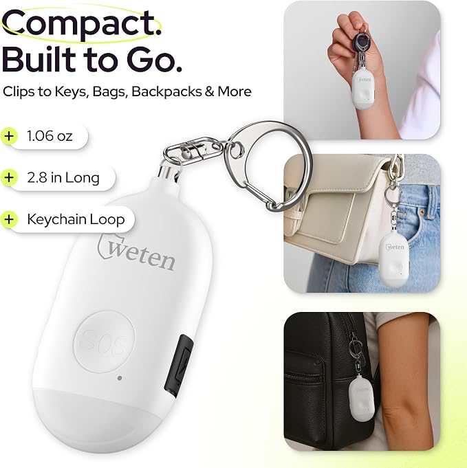 Rechargeable Personal Alarm Keychain, 130dB Siren, LED Light, White | Stylish Personal Safety Alert for Women to Carry, Panic Button Alarm for Security