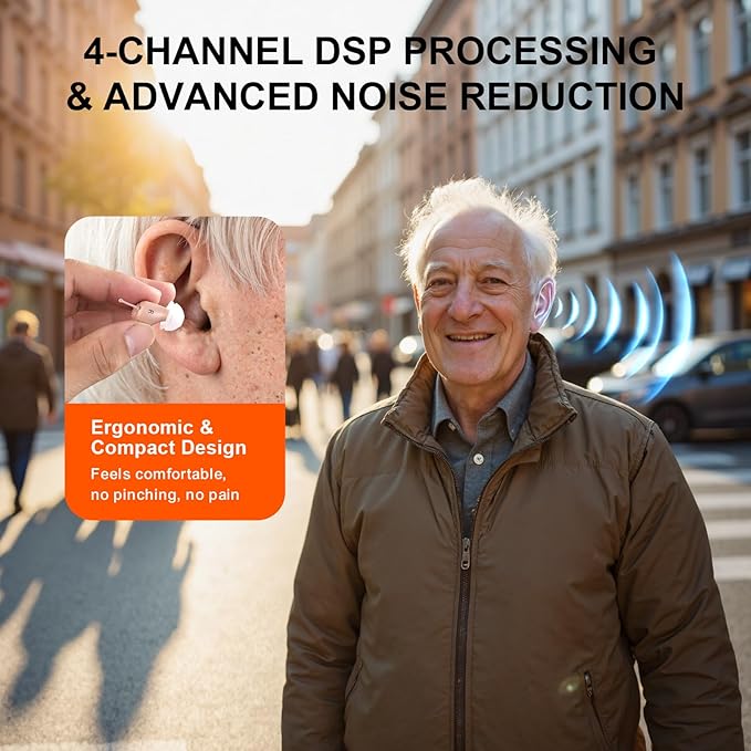 KMB Hearing Aids for Seniors with Noise Cancelling, Rechargeable Hearing Aids with 4-Modes Sound Processing 6 Volume Levels and 80H Charging Case for Women Men Hearing Loss