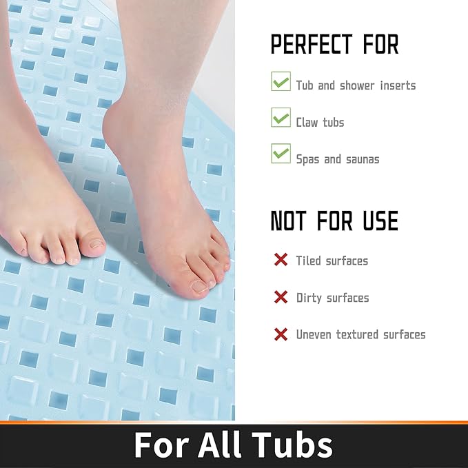 Yimobra Non Slip Bath Mat, Super Strong Suction Cups,34.5"x15.5"Long Tub Mat with Drain Holes, Machine Washable Fast Draining Shower Mats, Bathroom Essentials,Light Blue