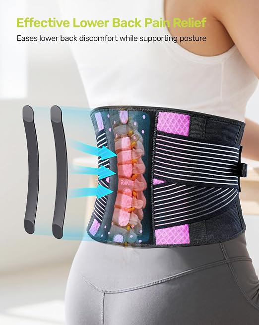 Rakiie Slim Back Brace for Lower Back Pain Relief, Lightweight & Breathable Back Support Brace for Men Women, Ergonomic Light Lumbar Support for Everyday Wear, Pink XL