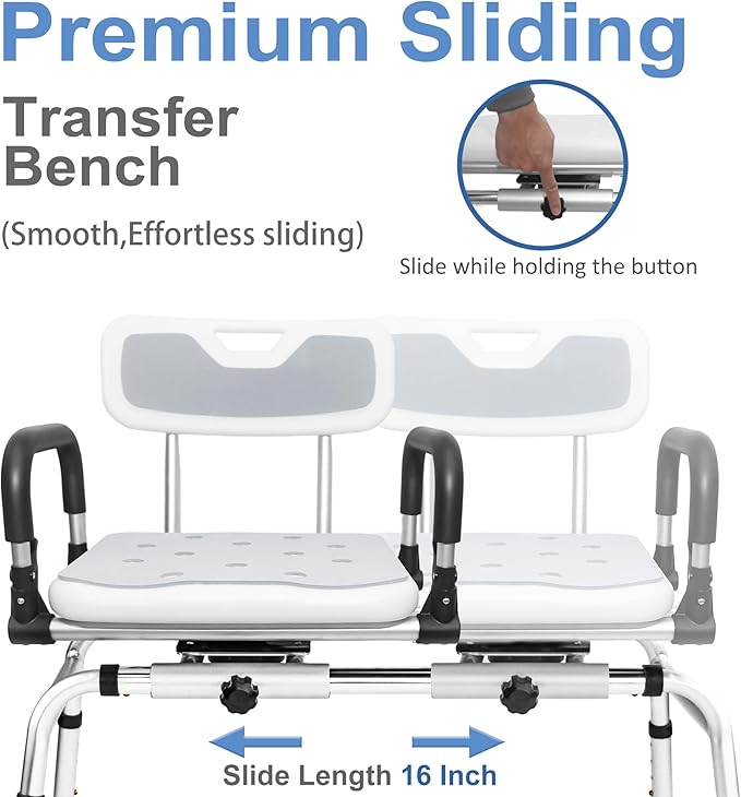 360° Sliding Shower Chair Tub Transfer with Swivel Seat, Height Adjustable, Pivoting Arms, 500 Lbs Capacity, for Elderly Disabled and Handicap for Bathtubs and Showers